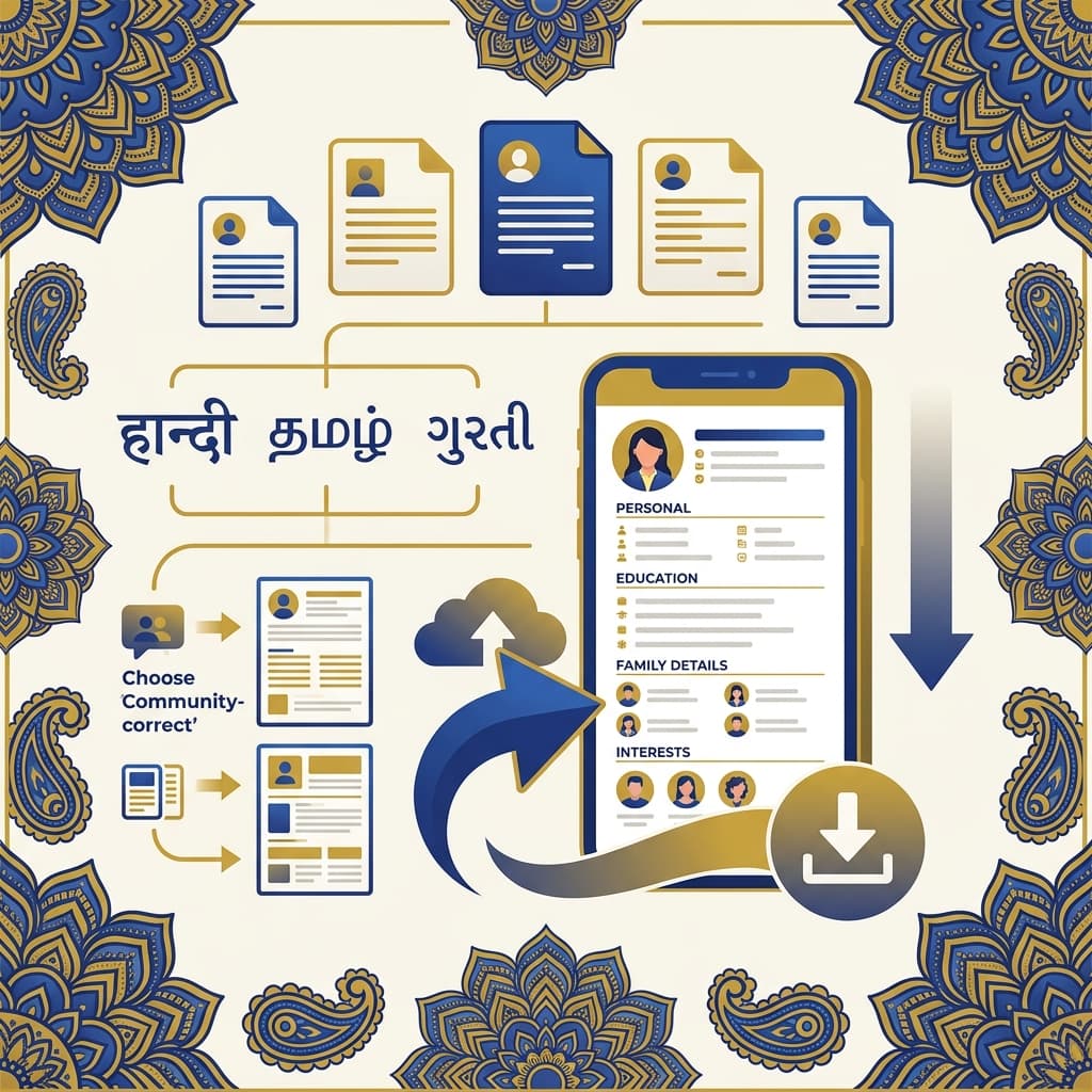 Marriage biodata creation with templates, languages and community-correct formats